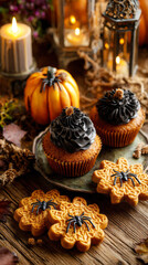 Fototapeta premium Spider cupcakes sit on a rustic wooden table alongside pumpkins and candles, creating a captivating autumn and Halloween celebration filled with sweet treats