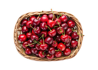 Ripe red cherries overflowing in a brown wicker basket on white background