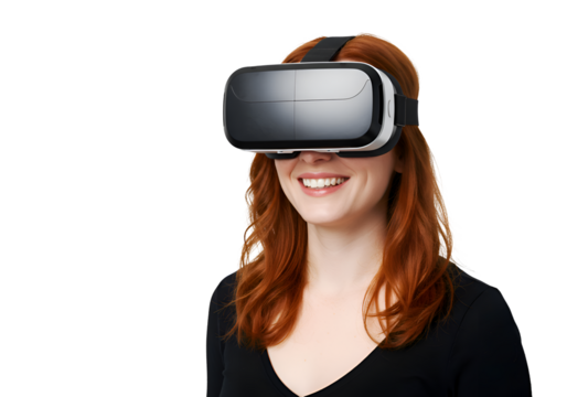 Immersive VR Experience: Woman Exploring Virtual Reality Worlds on white background