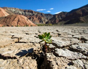 A small plant sprouts from cracked earth in a colorful mountain valley