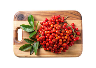 Vibrant Rowan Berry Cluster with Green Leaves on TwoTone Wooden Cutting Board