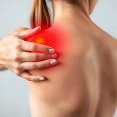 Woman suffering from shoulder blade pain. Trigger point. Hand holding shoulder with red spot closeup. Back injury. Health care, medicine concept. High quality photo