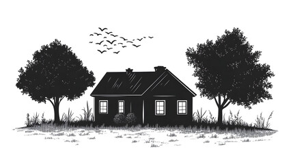 House with trees and birds landscape illustration