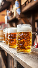 Groups of people gather to celebrate Oktoberfest in a lively atmosphere, enjoying traditional beers served in large glass mugs amid beautiful fall decorations and autumn foliage