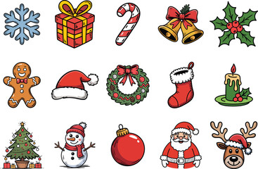 snowflake, gift box, candy cane, bells, holly, gingerbread man, santa hat, wreath, stocking, candle, christmas tree, snowman, bauble, santa claus, and reindeer