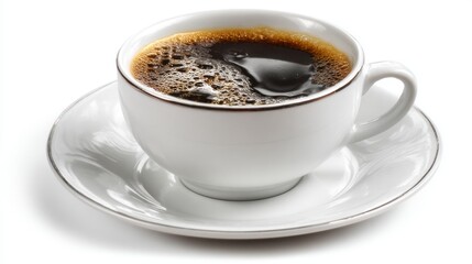 A white cup filled with dark coffee sitting on a matching saucer