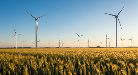 Clean Energy Wind Turbines in Wheat Field.