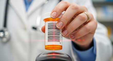 A pharmacist's hand holds a prescription bottle with a barcode being scanned by a red laser, suggesting medication dispensing and inventory management in a healthcare setting.