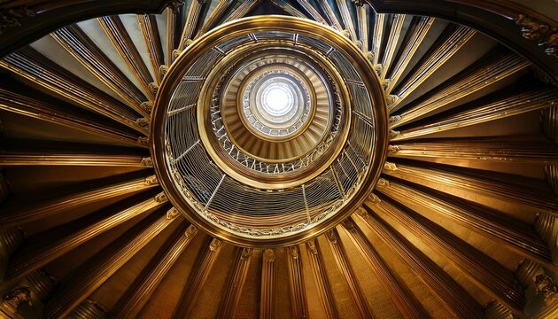 golden spiraling staircase with light from above intricate architectural detail