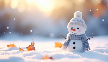 A charming snowman dressed in winter attire stands in a snow-covered landscape, embodying the essence of winter joy