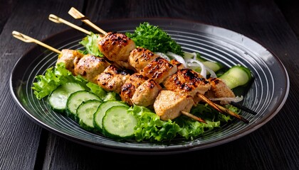 delicious grilled chicken skewers served with fresh salad and cucumbers