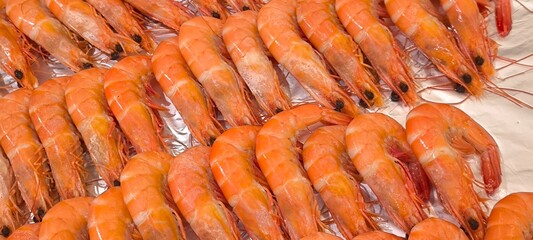 Orange boiled shrimp in a restaurant