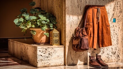 Russet-hued clothing items, a plant, and decorative lanterns are displayed against a light beige stone wall.