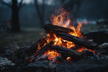 Bonfire of logs blazing embers glowing dark rocks surround in a dusky outdoor setting