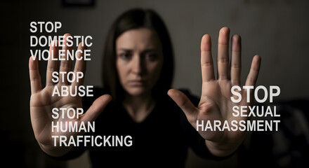 Woman showing raised hands with text "Stop Domestic Violence, Stop Abuse, Stop Human Trafficking, Stop Sexual Harassment", symbolizing awareness and action against violence, with copy space