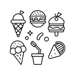 Collection of stylized food and drink icons in black outline
