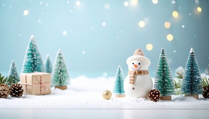 a festive winter scene, complete with a snowman and Christmas trees, evoking warmth and nostalgia. A snowman, dressed warmly in a hat and scarf, stands amidst miniature trees and snowfall