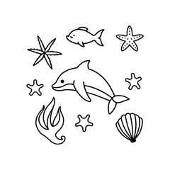 Cute black and white outline illustration of a dolphin fish starfish seashell and seaweed