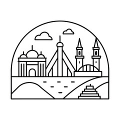 Stylized cityscape with bridge mosque and temple under clouds