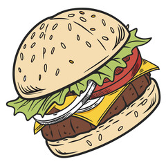 A hamburger. The burger has a sesame seed bun, a beef patty, a slice of cheese, a slice of tomato, lettuce, and rings of raw onion. The illustration uses bold black outlines and a limited color.