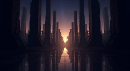 Mystic portal of monolithic structures, bathed in soft sunset hues and starlit ambience