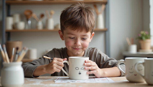 Boy painting a ceramic mug while sitting at a wooden table in studio  