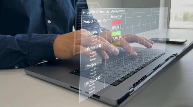 Project manager planning and updating tasks and milestones on laptop, tracking progress with a Gantt chart scheduling company interface.Business schedule project management system.