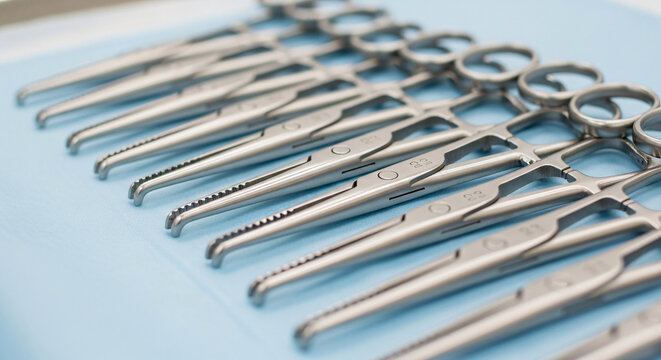 A sterile arrangement of surgical instruments, showcasing multiple hemostats with serrated jaws and finger rings, laid out on a blue medical surface. - Powered by Adobe