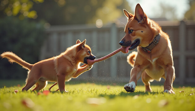 Adult dog playing tug of war with puppy in sunlit garden  