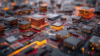 Obraz premium Futuristic Circuit Board with Glowing Orange Elements in Technology Setting