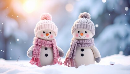 Two adorable snowmen are nestled in a snowy winter landscape, wearing warm hats and scarves, bringing joy and festive cheer to the season