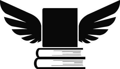 A black and white vector illustration of a stack of books with wings, symbolizing the freedom of imagination and the power of knowledge through education and learning.