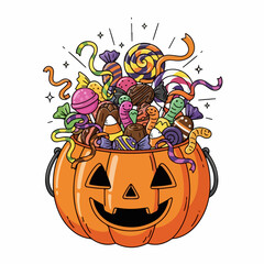 Cartoon Jackolantern pumpkin bucket overflowing with Halloween candy.