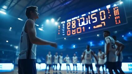 Young basketball player stands on court facing scoreboard - Powered by Adobe