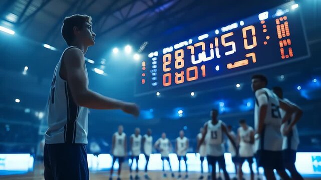 Young basketball player stands on court facing scoreboard
