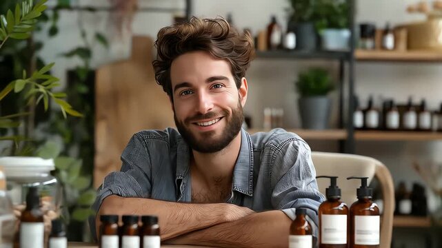 Young man smiling at camera in a workshop with bottles and plants