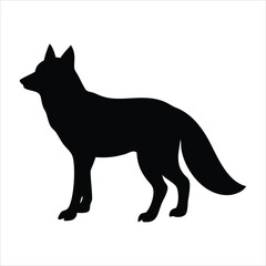 Black silhouette of a fox standing on a white background