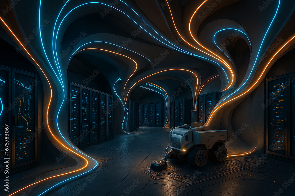 Poster abstract flowing neon light trails in a dark futuristic corridor with glowing server racks and a sen