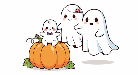 Cute kawaii ghost family with a baby on a pumpkin for Halloween.