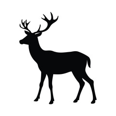 Black silhouette of a majestic stag with large antlers standing on a white background