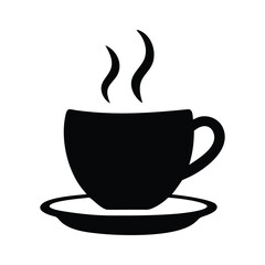 Black silhouette of a steaming coffee cup on a saucer