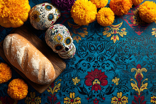 Day of the dead, Dia De Los Muertos Celebration Backround With sugar Skull, caaverita, marigolds or cempsuchil flowers, bread of dath or Pan de Muerto with opy Space. Traditional Mexcan culture
