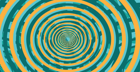 Abstract swirling concentric circles in teal and orange create a hypnotic tunnel effect.