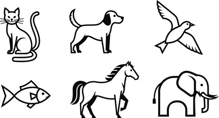 A set of simple black and white vector animal icons. The collection includes a cat, dog, bird, fish, horse, and elephant for a modern and clean design.