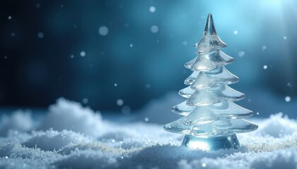Shimmering glass christmas tree figurine dusted with frost stands on sparkling snow, blue bokeh backdrop with falling flakes and sun rays from top right, icy winter serenity atmosphere