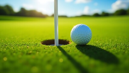 Obraz premium Golf Ball Near Hole: Perfect Putt on a Lush Green