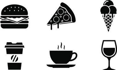 A set of simple black and white vector icons for food and drinks. The collection includes a hamburger, a pizza slice, ice cream, coffee, and a wine glass.