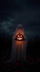 A person dressed as a classic sheet ghost holding a glowing carved jack-o'-lantern in a field of pumpkins on a dark, spooky night.
