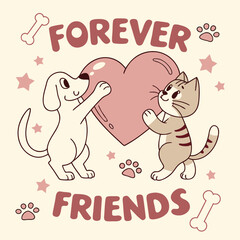 Playful Puppy and Kitten Cartoon Poster with Heart – Fun Animal Doodle Design