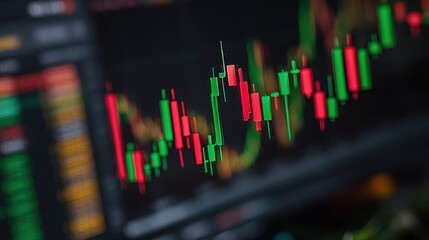 A close-up view of a computer screen displaying financial data, with vibrant green and red candlestick charts, reflecting market trends and fluctuations.